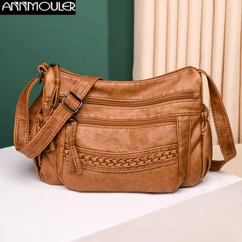 Annmouler Дизайнерски дамски чанти на рамо Луксозни Меки чанти през рамо от изкуствена кожа Кафяви чанти-незабавни посланици Реколта дамска чанта-портфейл