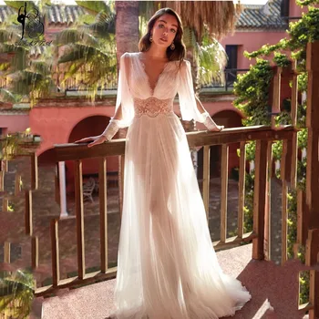 Robe De Marie Бохемия Дантелени Сватбени рокли трапецовидна форма 2021 с ръкав-фенерче Бяла сватбена рокля с дълбоко V-образно деколте Бъдещата булка