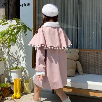 Зимата на японска вълна палто Kawaii Женски мозайка на корейското модно топло палто Дамско Ежедневното rose проектно-дълга козина 2021