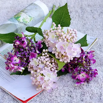 Нова цвете хортензия къса клонка с bouton, плодове и изкуствени листа от коприна изкуствени цветя за дома, сватбени декорации флорес