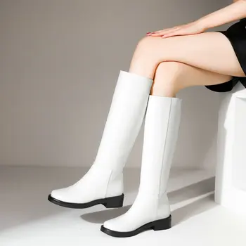 Есенно-зимни кожени дамски ботуши до коляното на Кафяви черни, бежови и бели обувки Дамски високи дълги ботуши на равна подметка Дамски обувки