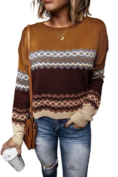 ADEWEL Кръгъл отвор Цветен блок Вязаная сако с дълги ръкави Жена пуловер Chandails Kobieta Swetry Pull Femme Vrou Truien XL