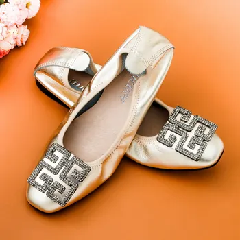Дамски обувки на плоска подметка от естествена кожа Пролет лято без закопчалка на равна подметка с квадратни пръсти Sapato Feminino Директна доставка с кристали Дамски балерини