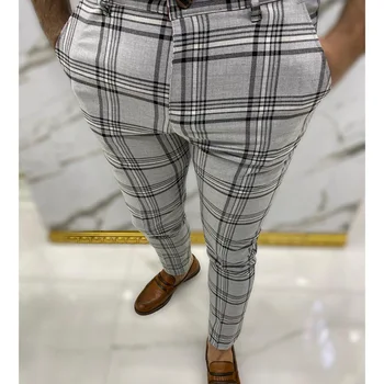 Проверени панталони за мъже Проверени панталони на райета с решетка Slim Fit копчета от Мъжки пола със средна дължина, в корейски стил Бизнес градинска облекло