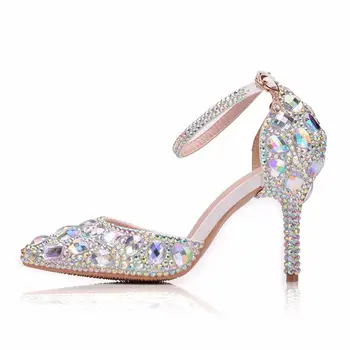Кристален Кралицата на Луксозни Сватбени обувки с кристали Дамски сандали с остри пръсти на висок ток Вечерна рокля за банкет на Булката Обувки-лодка