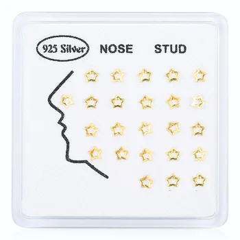 24 бр./опаковане. 925 сребро выдалбливают звезди шипове за носа, за жени Елегантни златни аксесоари за ноздрите бижута за пиърсинг на нова
