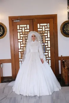 Дантелени апликации с дълъг ръкав Мюсюлмански сватбени рокли за Булката с високо деколте Марокански Кафтан Бална рокля Сватбена рокля сватба