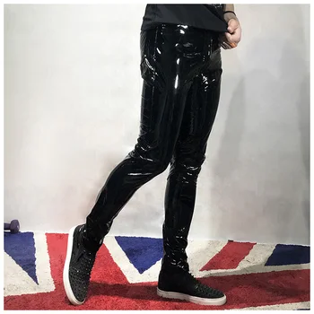 Мъжки черни кожени мотоциклетни панталони Tide Мода, Рок и Хип-хоп Певица и Танцьорка Участък Панталони от изкуствена кожа Slim Fit Размер на ПУ Червена Сценична облекло