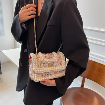 Дамски чанта от 2021 Дамски брандираната върхова продуктова Класическа Вълна перлена квадратна чанта с капак на лоста за жени Луксозна чанта през рамо с веригата Чанти