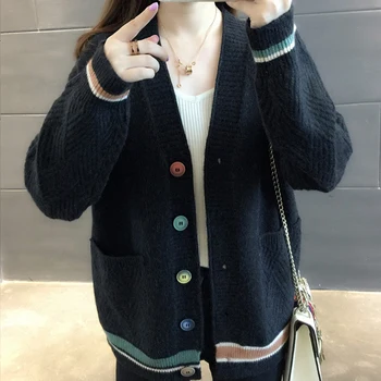 2021 Есен и зима Нов свободен корейски вязаный пуловер с V-образно деколте, универсална малка яке-жилетка За жени, пуловер в цвят за жени