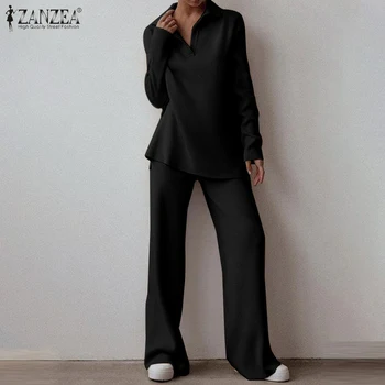 Дамски ежедневни обикновена комплекти ZANZEA 2022 кафтан Блузи с дълги ръкави и широки панталони Дамски ежедневни блузи с еластична талия Панталони, 2 бр. Комплекти