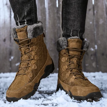 Марка VRYHEID Зимни топли обувки за мъже на открито с висока горна част Плюшени кожени зимни обувки за мъже с кръгли пръсти устойчива на плъзгане работна обувки Пустинни ботуши