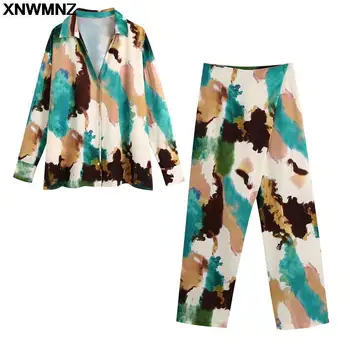 XNWMNZ 2021 Есенна дамска мода Негабаритная блуза с принтом Графити Реколта странични дупки с дълъг ръкав Дамски свободна риза Шик върховете