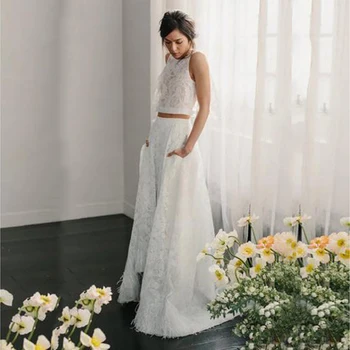 Секси Дантелени сватбени рокли от две части 2021 Г. с скъпоценния камък на врата без ръкави трапецовидна форма Сватбени Шаферски рокли с Дължина до пода Vestido De Noiva