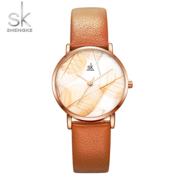 Shengke Луксозни дамски часовник от розово злато Модерен кожена каишка SK Часовници За жени Най-добрата марка за Дамски часовници Дамски часовници Reloj Mujer