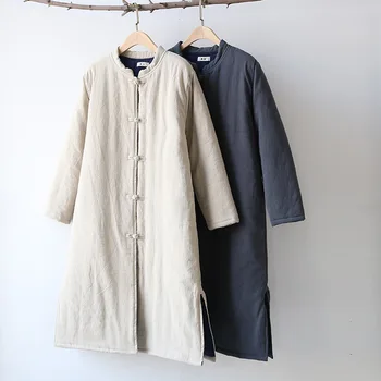 2018 дамски зимни дълга горна дреха в китайски стил винтажное палто с дебела яка-часова копчета с памучна подплата на якето ленено палто