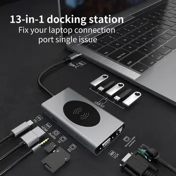 13 в 1 HUB USB-C С Безжична зареждане, RJ-45 четец за SD-карти Type-C Зарядно устройство за разширяване на Аксесоари за преносими компютри Macbook Pro