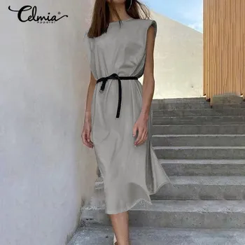 2021 Лято на О-образно деколте без ръкави, Жилетки Сарафан Celmia Дамска мода Ежедневното Свободно рокля Midi Обикновена Рокля-рокли S - Рокля