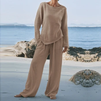 Есенна мода Плътен цвят Дамски комплекти от 2 теми Случайни пуловер с дълъг ръкав и кръгло деколте+ Дълги панталони Пролетта елегантни блузи, Костюми