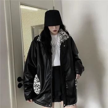 Есенно-зимно дамско байкерское палто с леопардовым модел от черна изкуствена кожа, на корейското най-доброто палто, Ежедневни свободна топло яке