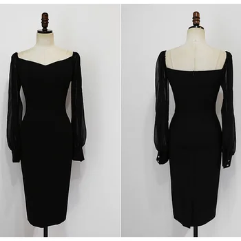 Черно елегантна вечерна рокля 2022 Пролет Висока талия Обтягивающий квадратен силует с отворен гръб шифоновые буйни ръкави Женски офис рокля