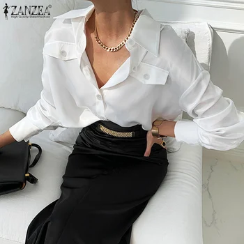 Модерна елегантна бяла лоскутная Суитчър ZANZEA Офис дама монофонични Топ 2021 Есен с дълъг ръкав Туника копчета Дамски Ежедневни риза с ревери