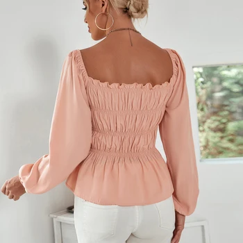 Розова еластичността на накъдрен Тънка риза блуза За жени Пролет Есен Ежедневното с дълъг ръкав Обикновена риза Секси Облекло потници с отворен гръб Femme