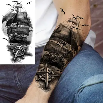 Пиратски Кораб На Котва Временни Татуировки За Мъже, Жени, Възрастни Рози Цвете Пиратски Череп Фалшиви Татуировки Фалшиви Татуировки, Боди-Арт Големи Татуировки