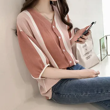 2021 Лятна дамска мода Ризи в цвят контрастни райета Блузи Свободни Ежедневни дамски блузи Корейската версия Blusas MM0359