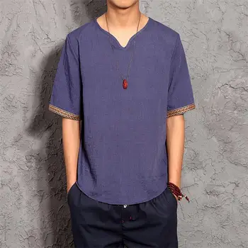 Нова лятна брандираната Мъжка риза с къс ръкав в Свободна ультратонкая памучен бельо риза Мъжка мода Плътен Цвят Тенденция V-образно деколте Тениски TS-315
