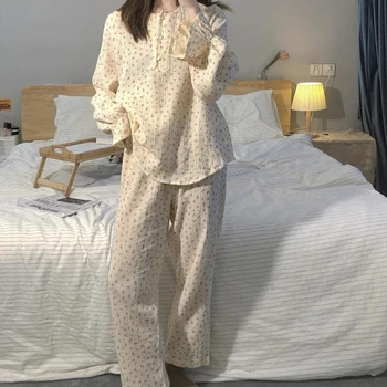 Нови пижамные комплекти За жени меки Пролетни модни с принтом и изгорени ръкави Пижами Свободни Корейски Стил За почивка Ежедневни Удобни домашни пижами