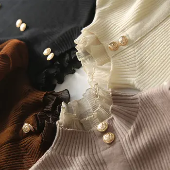Нов есенен японски сладки оборудвана жилетка За жени Половина turtlenecks с дълъг ръкав однобортный лоскутный пуловер Корейски върховете