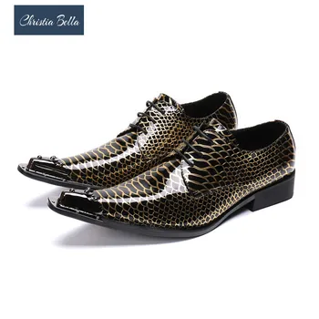 Christia Bella Модни нитове с остри пръсти За мъже Оксфорд обувки със златен принтом от лачена кожа Обувки-лодка дантела Вечерни мъжки обувки