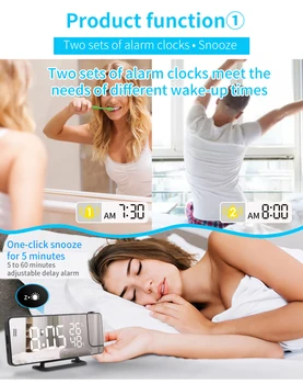 FM-радио-LED Дигитален Умен Будилник, Настолни Часовници, Електронни Настолни Часовници USB Часовник за събуждане с прожекция на 180° Време за дрямка