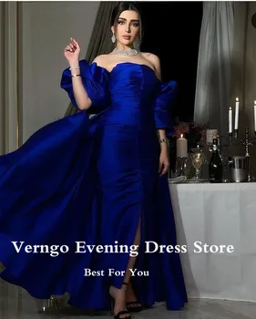 Verngo Царски син сатен Вечерни рокли с жакетом с дълги ръкави до щиколоток Вечерна рокля за партита Дубай За жени Просто рокля за бала