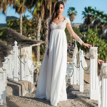 Сватбена рокля Boho 2021 с дълги ръкави и дантелен аппликацией Дължина до пода с отворен гръб Сватбена рокля Лятна рокля De Mariée Шифон Елегантна