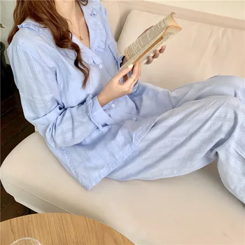 3 цвята от памук, домашно облекло за жени с дълъг ръкав накъдрен блуза, свободни панталони комплект от 2 теми домашен костюм пижами пижама комплект