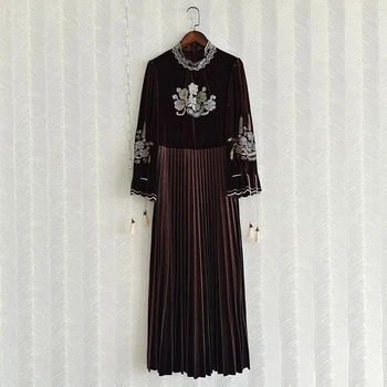 AELESEEN модно Дизайнерско бархатное рокля с високо качество Есен зима Поло с цветна бродерия с четка Дълга елегантна вечерна рокля