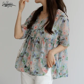 2021 Нов лесен V-образно деколте Свободни тънки дамски блузи с дълъг ръкав Корейски сладък цветен принт Универсалната елегантна шифоновая риза За жени 15715