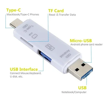 INIOICZMT Тип C & Micro & USB 3-В-1 OTG Четец на карти Високоскоростен Универсален OTG TF/USB конектори картридера Micro SD TF OTG