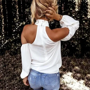 С открити рамене Бяла блуза, Риза Дамски облегающая блуза Елегантна Лятна секси риза 2021 Дамски Блузи, Потници и тениски