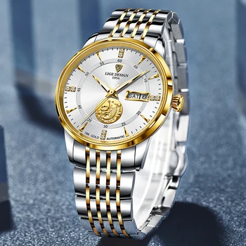 Дизайн LIGE Най-добрата Марка Механични Часовници Луксозни Сапфирен Кристал Автоматичен Часовник От Неръждаема Стомана Водоустойчивост 100 м Часовници За мъже