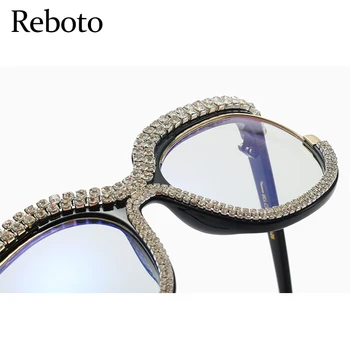 Извънгабаритни Кристални Рамки за очила Дамски Кръгли Луксозни Прозрачни Лещи с диаманти Анти-Синя Светлина Оптични Рамки За очила-Големи очила