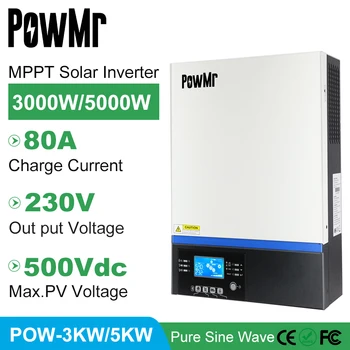 PowMr PV 500 vdc 3000 W 5000 W Bluetooth Инвертор 230VAC 24-48 В MPPT 80A Слънчево Зарядно Поддръжка на Мобилен контрол USB LCD inverter