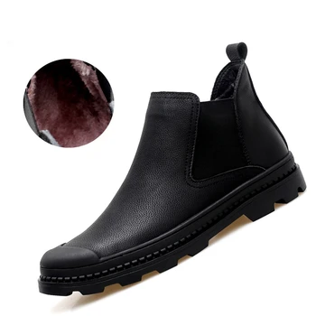 WEH Мъжки зимни обувки Челси Кожа топла кожена обувки Дизайнерски мъжки модел обувки Мъжки обувки от естествена кожа, ръчна изработка на открито черни обувки
