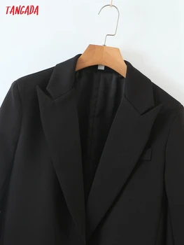 Tangada Женски обикновен дълъг черен блейзър палто Ретро назъбена яка Джоба 2021 Модни дамски ежедневни шик блузи 8H171