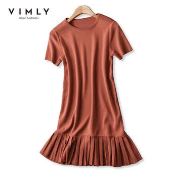 Вязаное рокля VIMLY за жени 2021 Лято на О-образно деколте Тънка талия плисирани Елегантни плетени мини рокли трапецовидна форма Женски Vestifos F8207