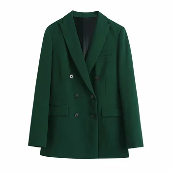 2021 Дамска мода Двубортный зелен блейзър Офис дама с дълъг ръкав случайни яке Елегантни връхни дрехи и Шикозни блузи