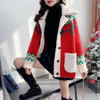 2021 Дамски дрехи Жилетки в корейски стил Ежедневни якета Мозайка плетене Модни Коледни зимни топли дебели палта с ревери