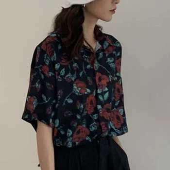 Ризи Дамски Ретро Модни летни с отложным яка и принтом, директни блузи с къс ръкав в гонконгском стил, уютни улични Харадзюку за момичета